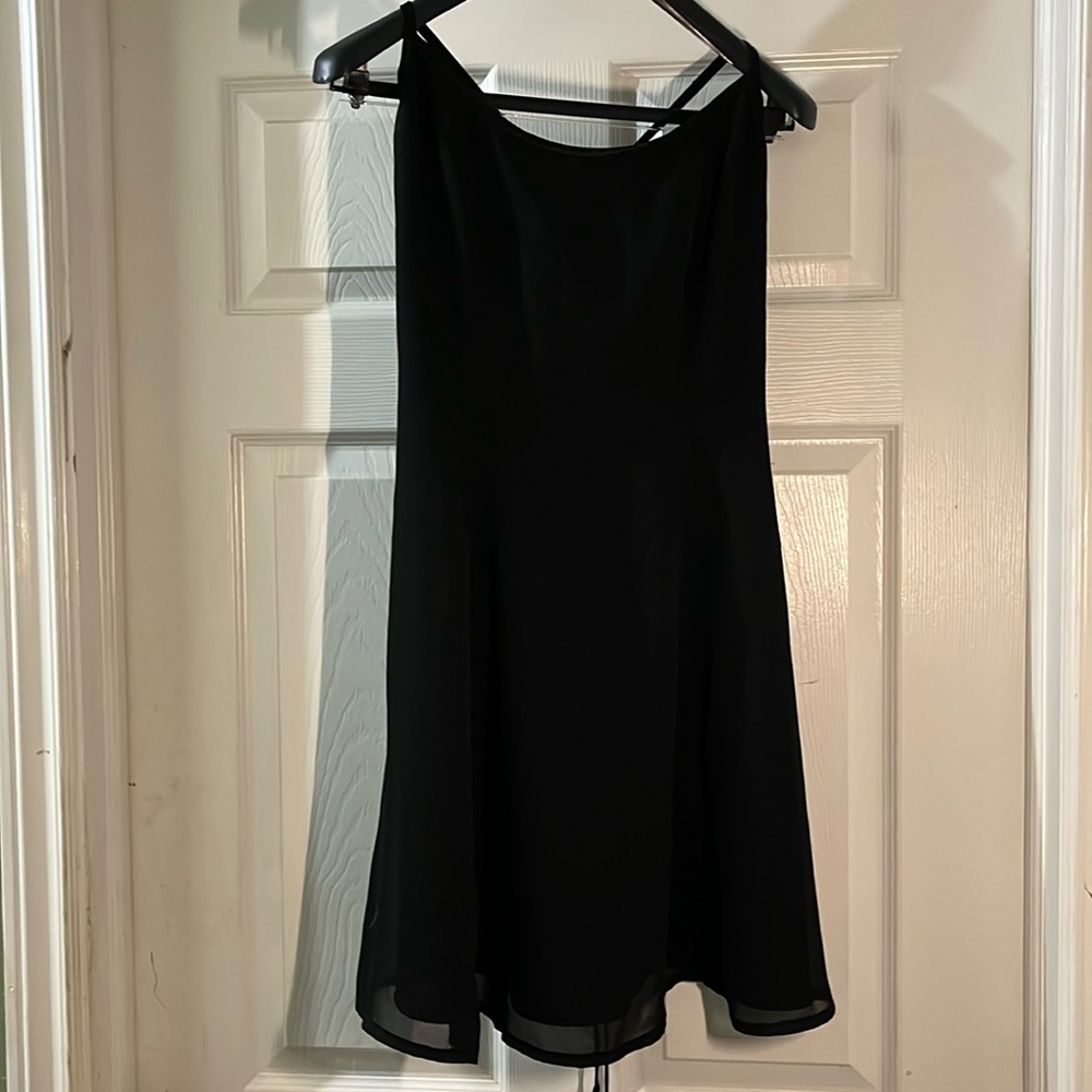 Vintage Algo Sz 10 black chiffon dress, lace up back, satin edging, lined